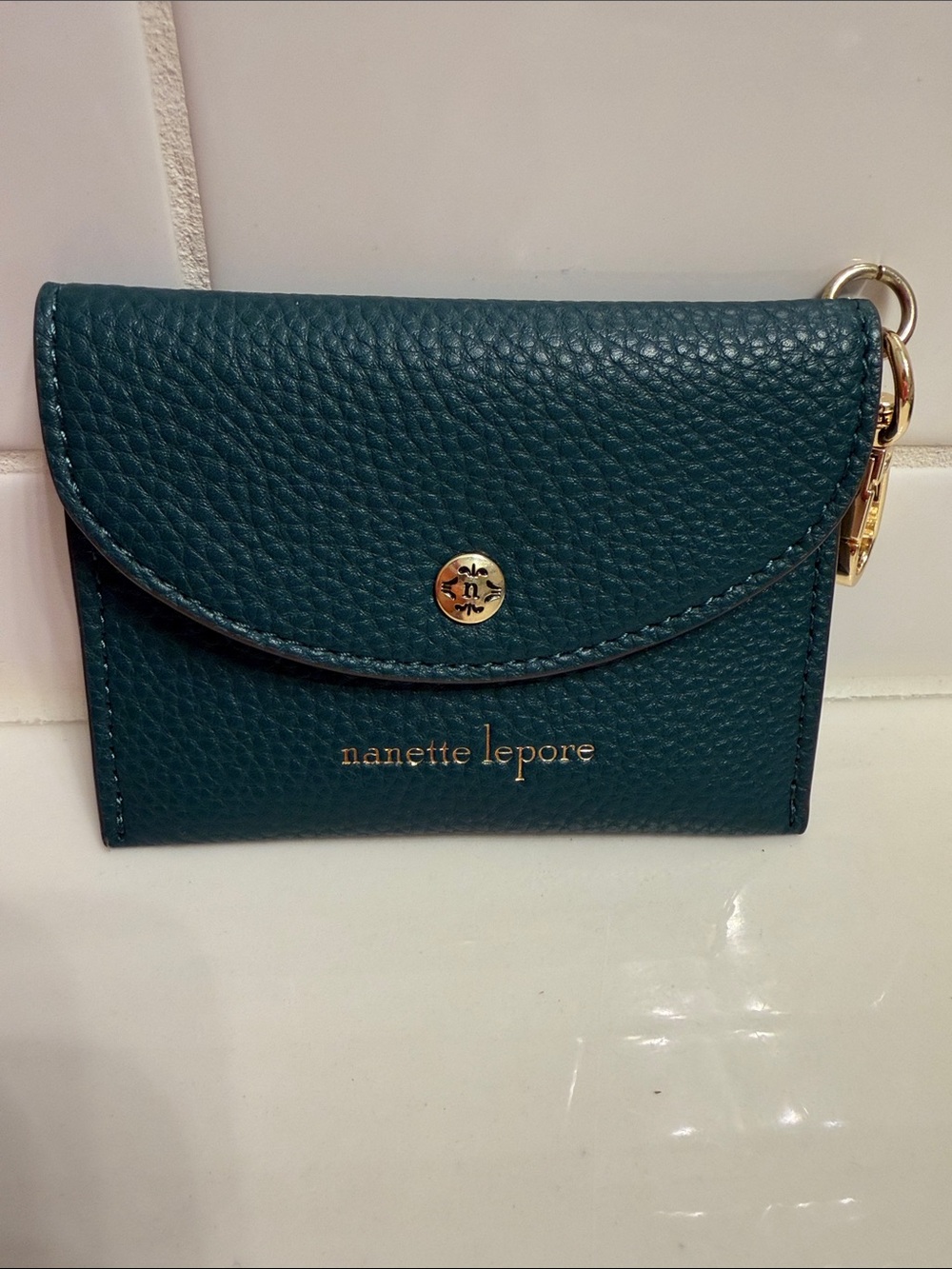 Nanette Lepore Teal Pebbled Leather Card Wallet with Gold Hardware